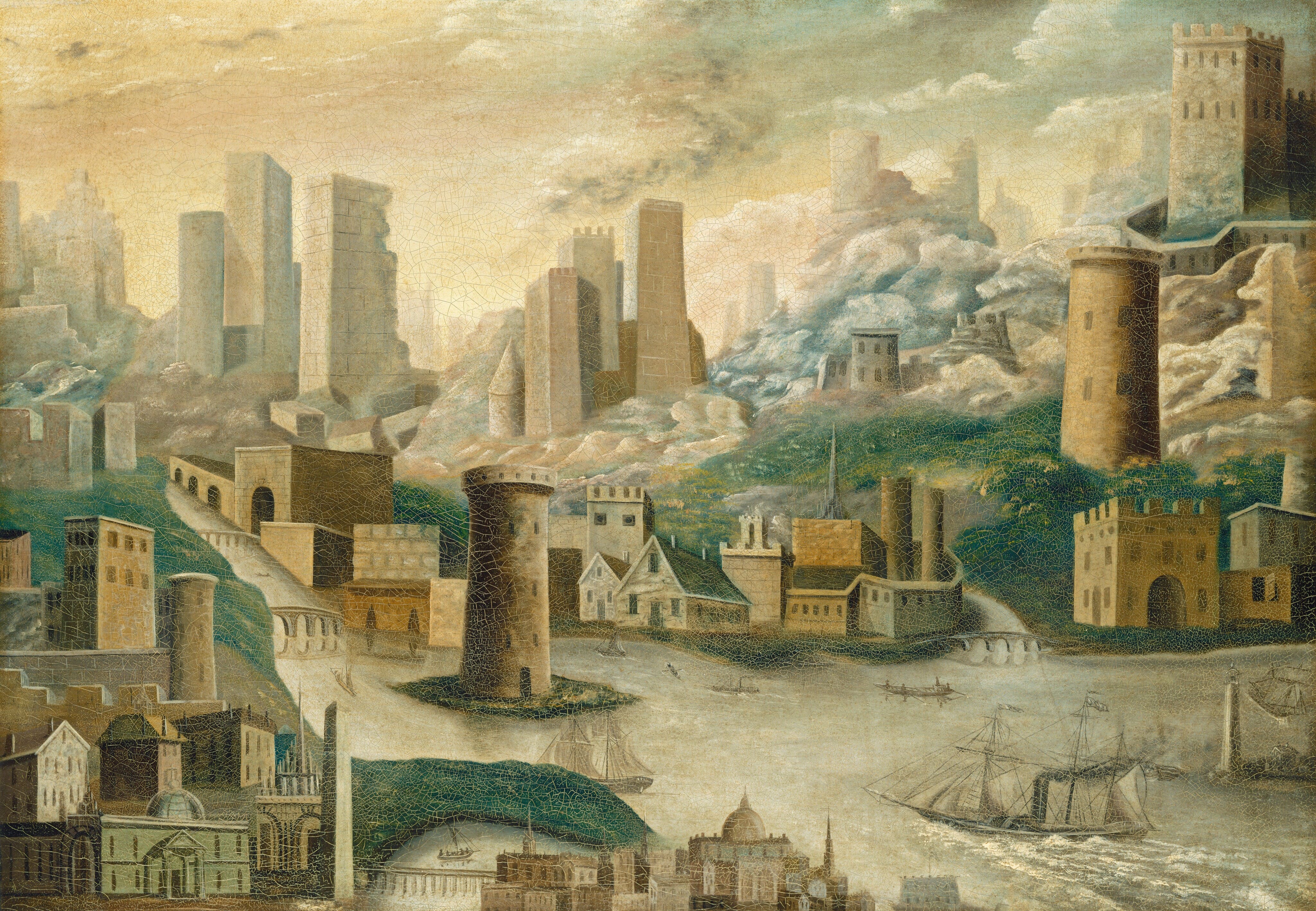 Painting of a fantastical cityscape with flowing structures.